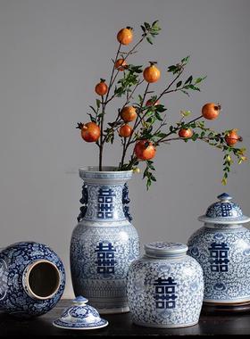 景德镇青花喜字花瓶 家居客厅青花瓷装饰品 插花瓷器中式陶瓷摆件