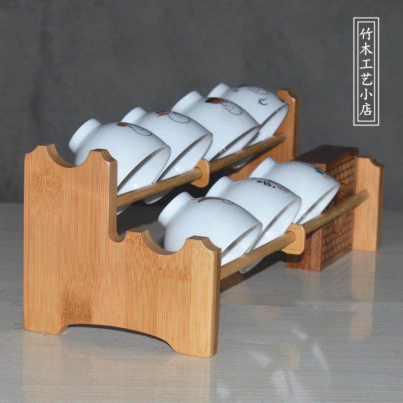 茶杯架带底托盘功夫茶道茶具收纳架两层竹制茶杯沥水架实木茶杯垫