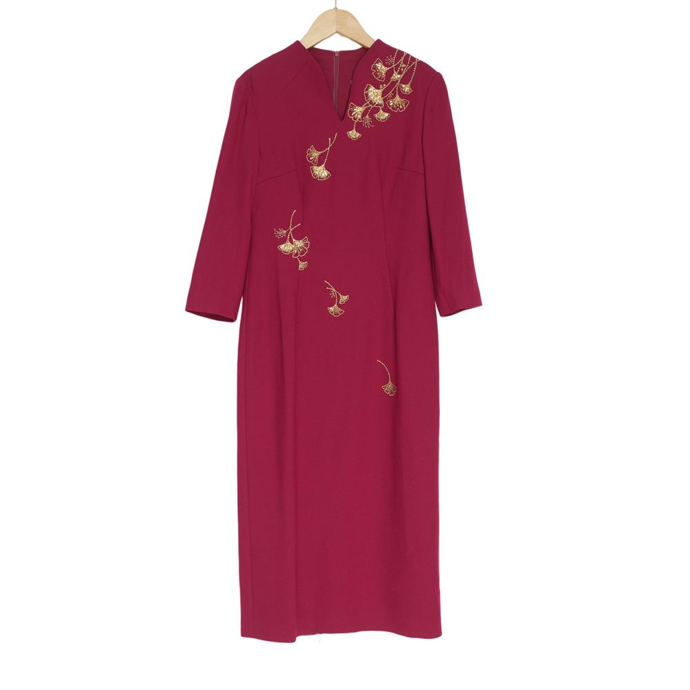 慕天姿精选品牌女装高端时尚气质百搭酒红色连衣裙慕天姿A4-17781