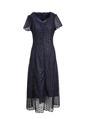 慕天姿2025精选品牌女装高端时尚气质百搭藏蓝色连衣裙-17018