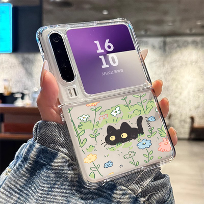 适用华为purax手机壳花丛黑猫