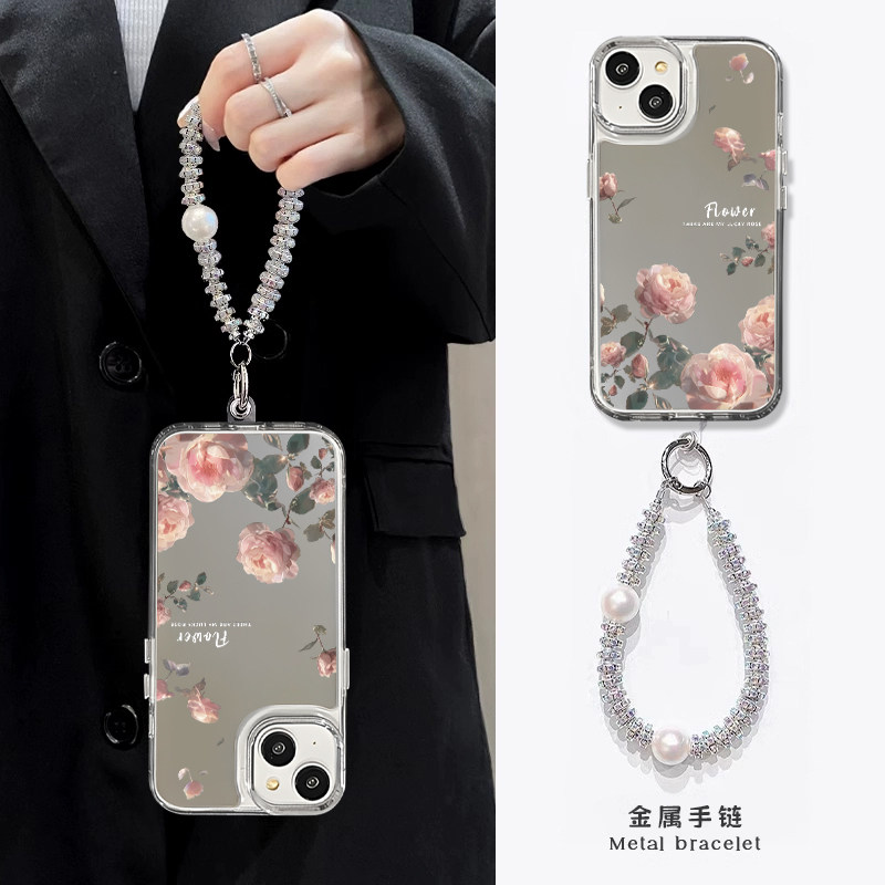 适用华为手机壳镜面粉色玫瑰花