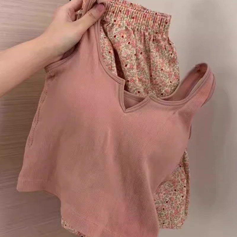 甜美带胸垫吊带睡衣女夏季运动背心碎花短M裤可外穿纯棉家居服套