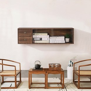 实木墙面书架中式置物架博古架茶杯收纳架茶壶架防尘摆件展示架子