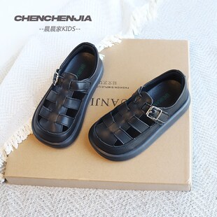 女童凉鞋包头镂空夏款皮鞋头层牛皮新款男童黑色夏季宝宝包脚鞋子