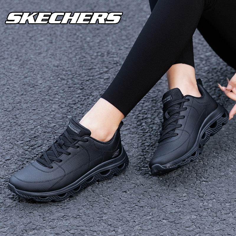 Skechers斯凯奇女鞋皮面防水运动鞋冬季官方旗舰全黑色休闲跑步鞋
