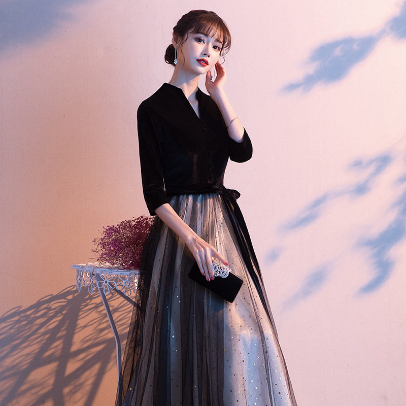 黑色晚礼服裙女2026年新款气质宴会主持人长款修身大合唱团a4332