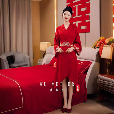 结婚晨袍女新娘伴娘刺绣长款浴袍婚礼本命年红色高级感冰丝a4278