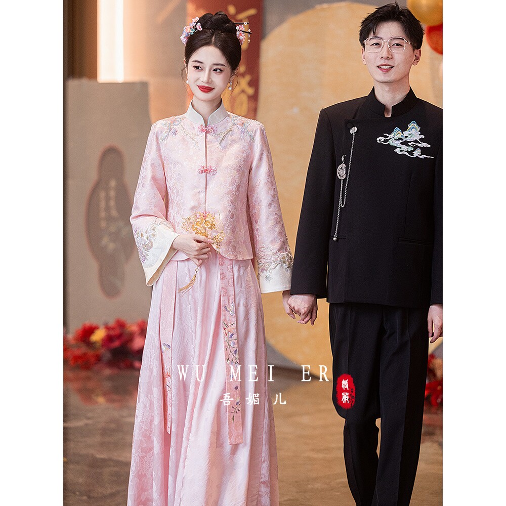 2025新款新中式连衣裙套装粉色订婚礼服裙女婚服改良旗袍日a4245