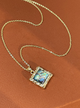 亚马逊几何铜吊坠炫彩异形正方鲍鱼贝项链项饰女厂家货源厂a2978