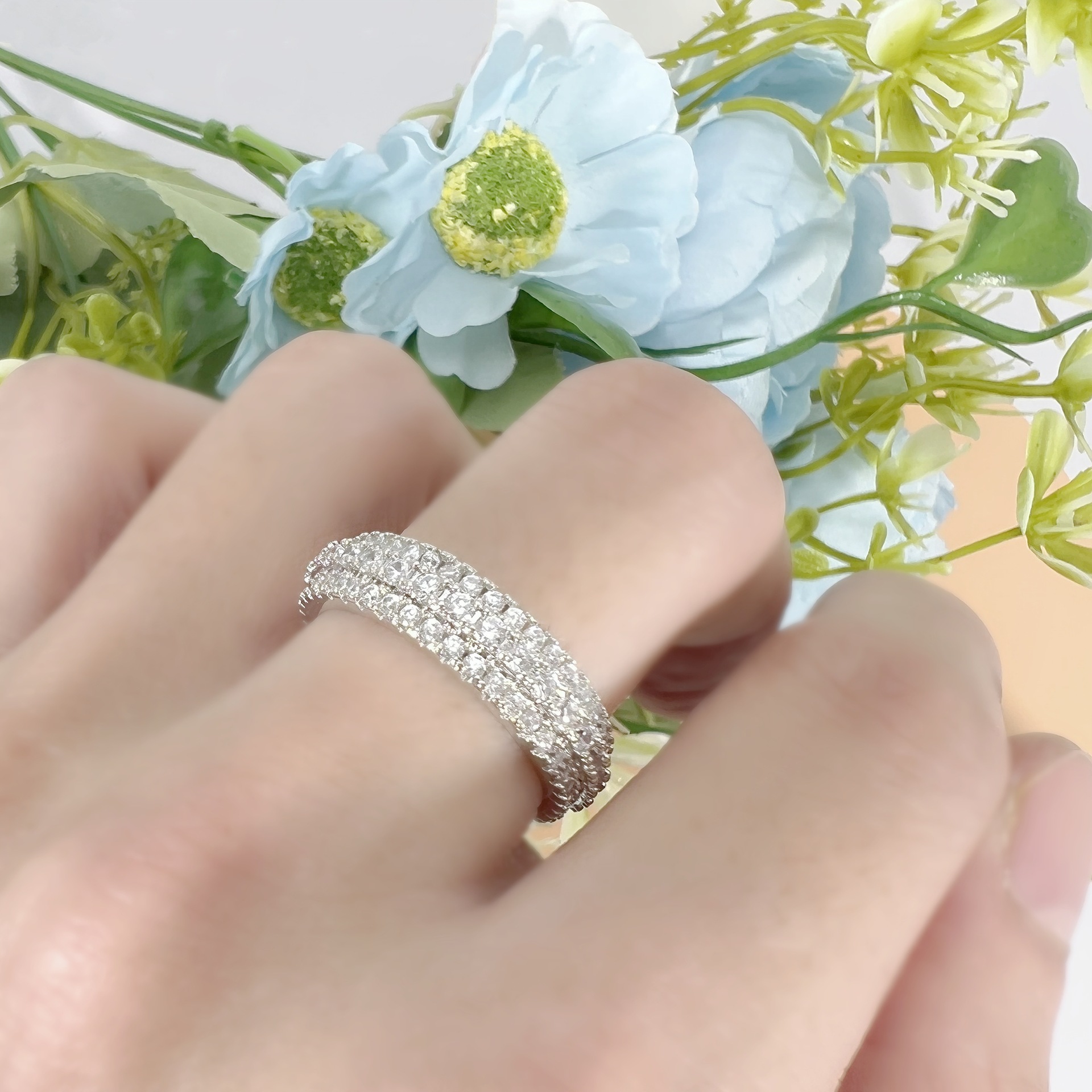 钻石之乡河南商丘三排钻满钻微镶嵌锆石戒指 欧美hiphop风围a1603