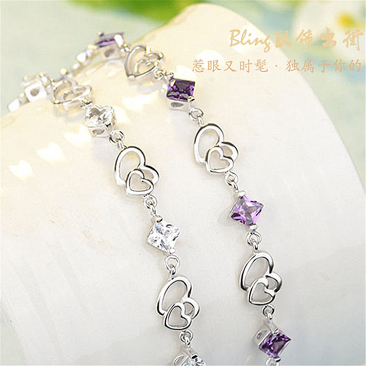 钻石之乡河南商丘金嘉华气质女镀银手链女款 双心紫水晶手链a2845