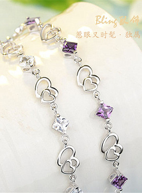 钻石之乡河南商丘金嘉华气质女镀银手链女款 双心紫水晶手链a2845