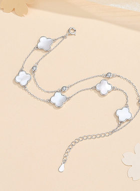 钻石之乡国风花开五福双手链女S925银中式轻奢白贝母幸运四a2634