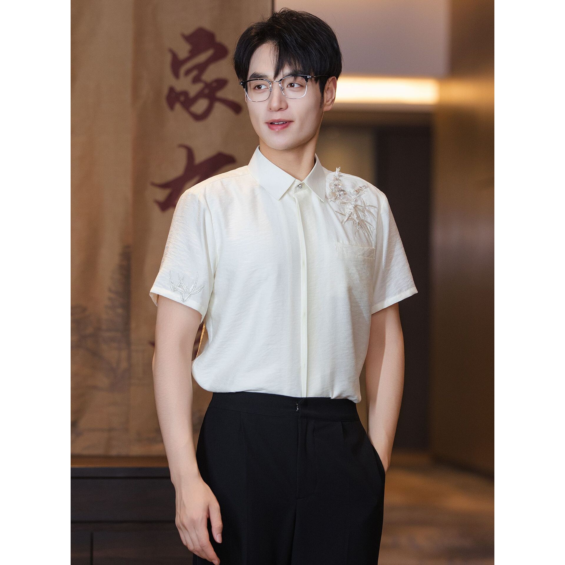 新中式订婚男装衬衫礼服男士国风结婚立领短袖白色休闲中山a4286