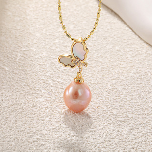 轻奢气质简约高级感百搭时尚 镶嵌异形巴洛克淡水珍珠蝴蝶吊a2662