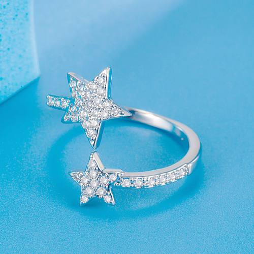 钻石之乡河南商丘新款闪钻微镶锆石双五角星开口戒指 个性优a0146