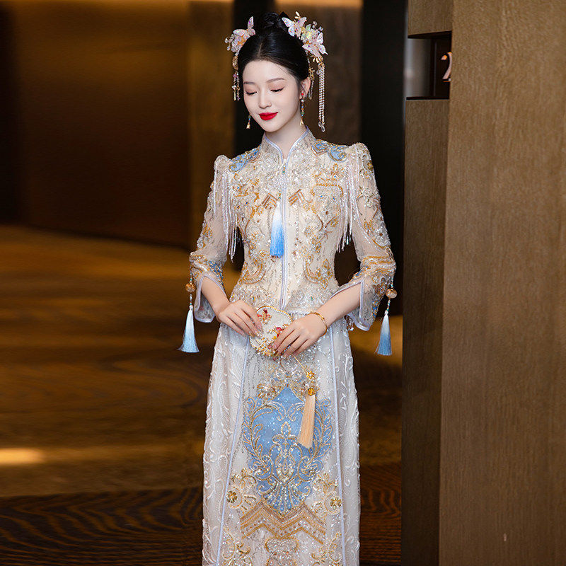 秀禾服新娘2025新款重工高端浅色中式婚纱礼服结婚出阁服嫁a4518