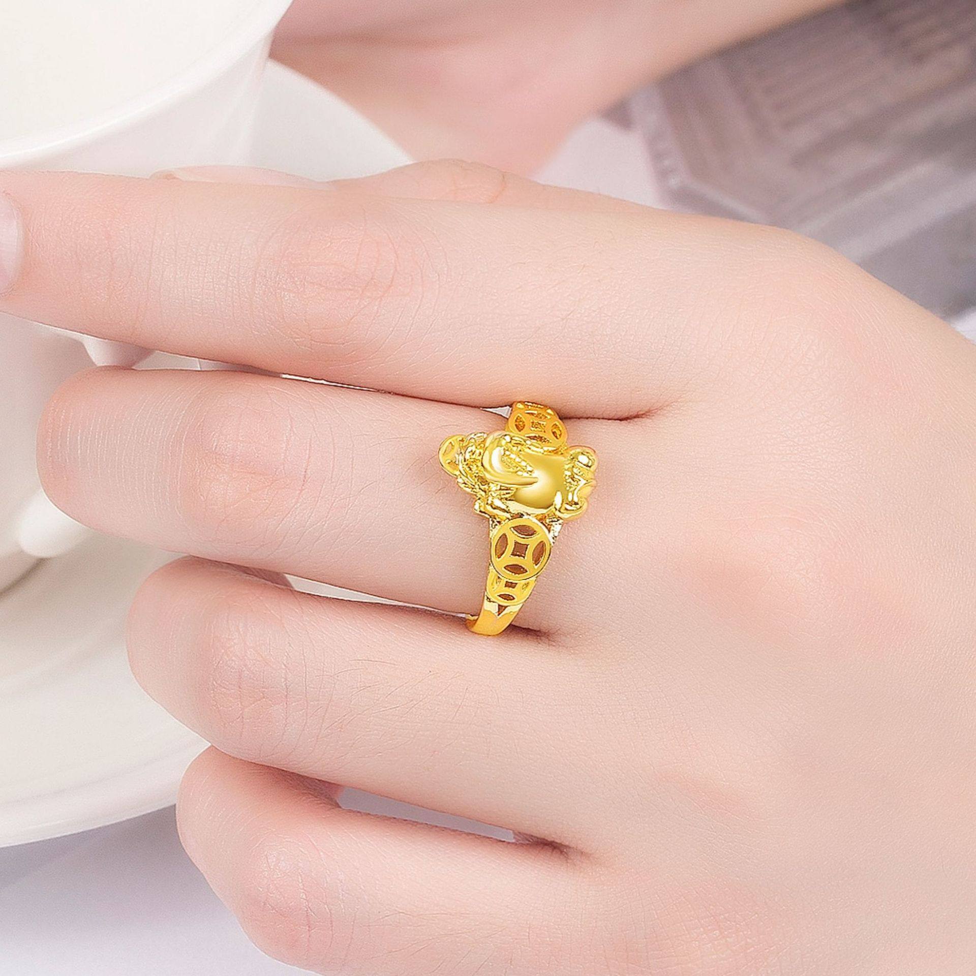 钻石之乡河南商丘复古转动吉祥小金钱貔貅戒指个性潮流霸气a2776