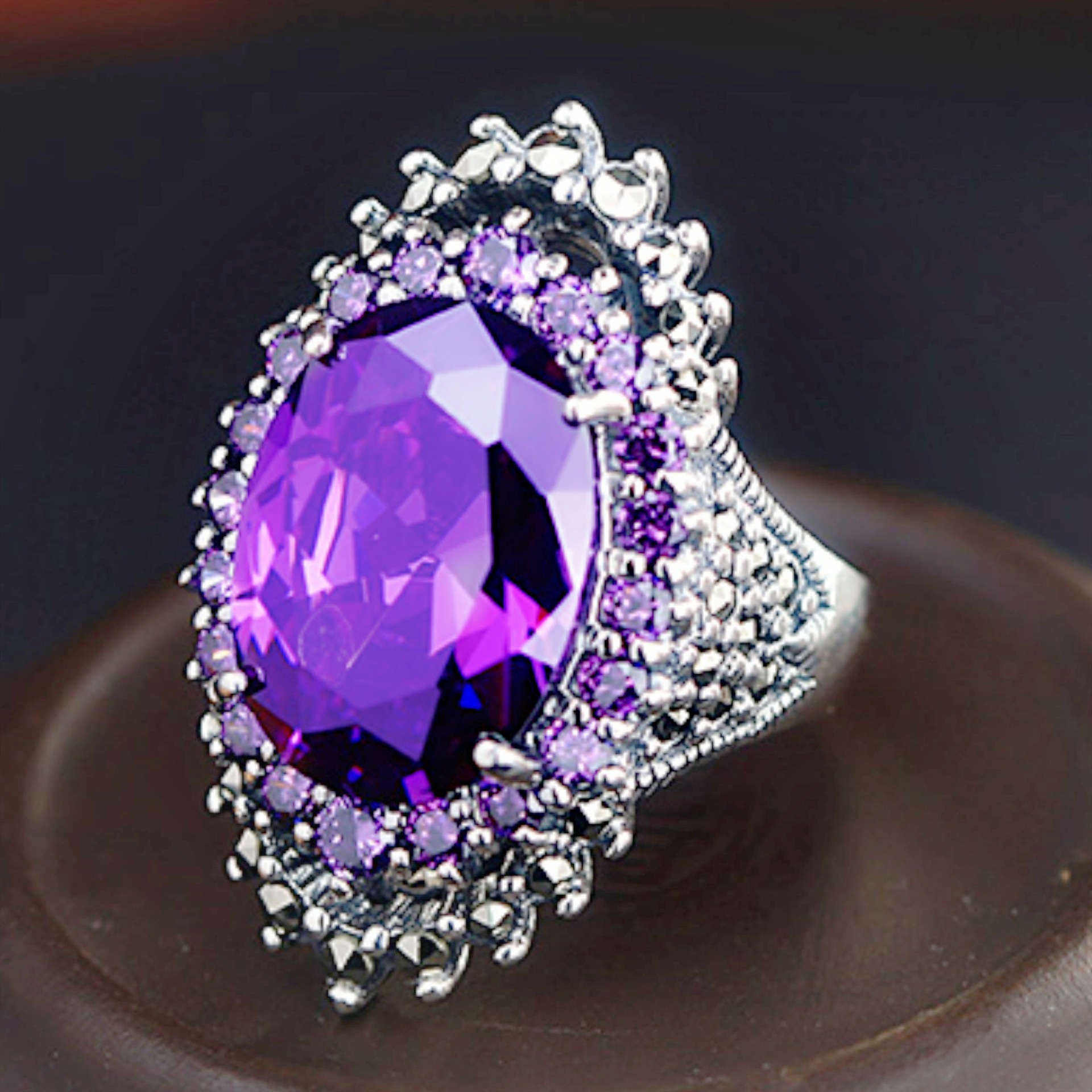 钻石之乡河南商丘镀泰银黑复古紫水晶戒指环 开口活口镶嵌黑a1576