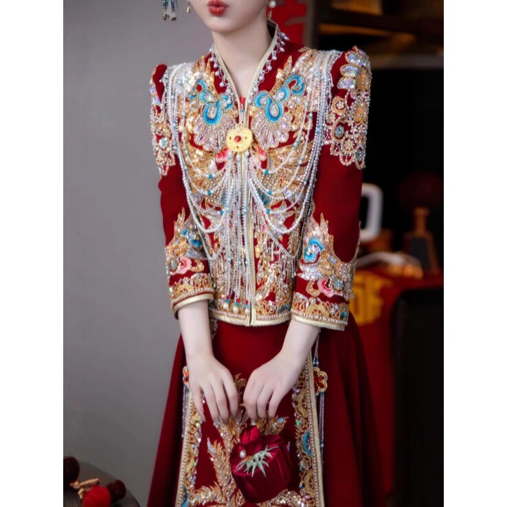 v领丝绒秀禾2026新款新中式结婚礼服敬酒服大码流苏款结婚嫁a5107
