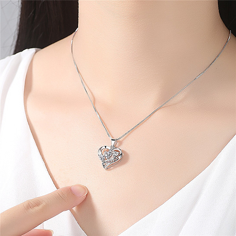 钻石之乡河南柘城河南人工钻石银项链女日韩版简约三心形紫水晶吊