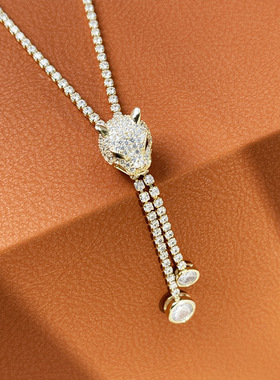 满钻欧美风豹子头毛衣链可抽拉调节项链5A锆石饰品百搭厂家a3047