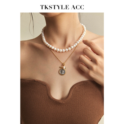 抖音爆款法式复古抹黑铜古硬币中古风vintage女轻奢宫廷珍珠a2951