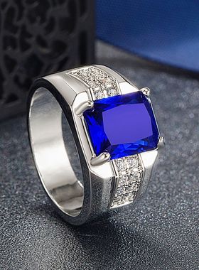 钻石之乡河南商丘新蓝宝石蓝锆石戒指 时尚潮男商务霸气长方a2375