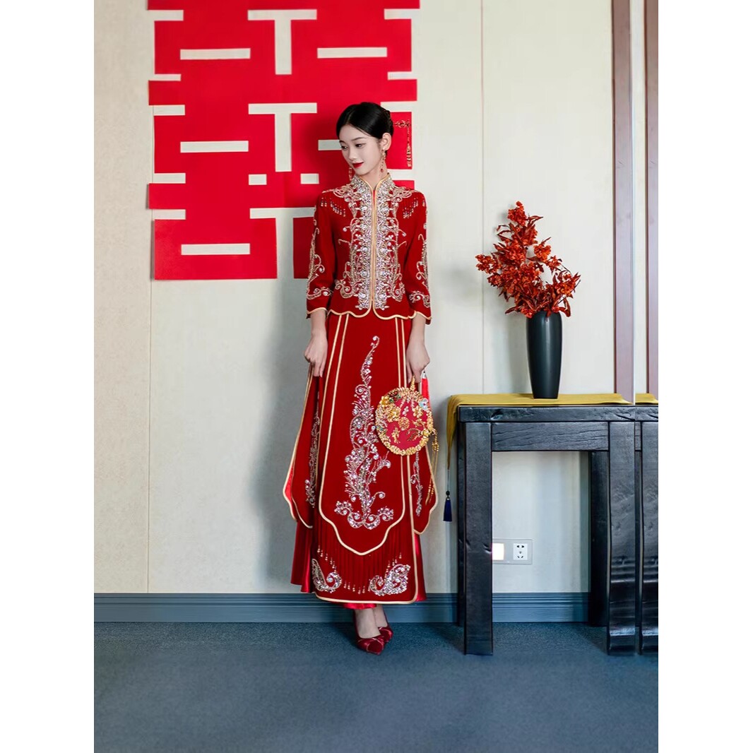 重工禾服新娘结婚婚服中式嫁衣出阁出嫁敬酒服龙凤褂厂家a5191