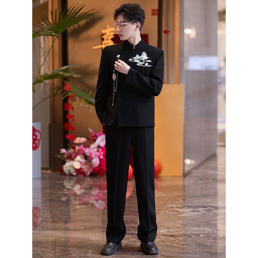 中山装男婚礼结婚西服套装新郎订婚黑色礼服接亲高级刺绣国a4197