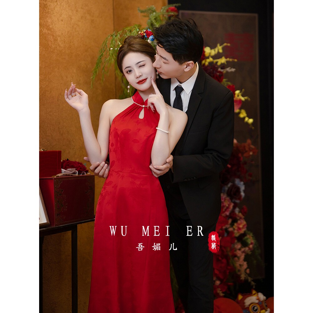 新中式红色晨袍敬酒服新娘小个子挂脖旗袍订婚领证礼服夏中a4304