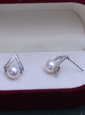 2023新淡水珍珠S925银耳钉三角高光高亮近圆几乎无暇跨境直a2798