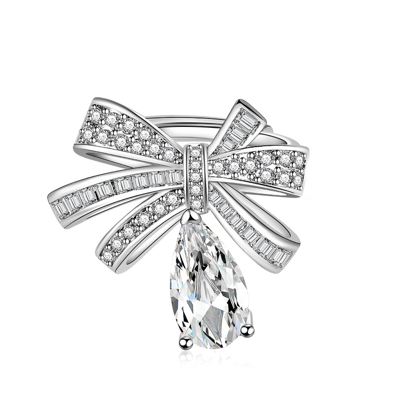 钻石之乡河南商丘奢华满钻蝴蝶结戒指 小众设计立体水滴梨形a1175