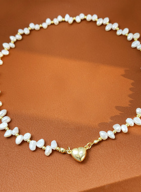 天然淡水珍珠项链轻奢小众设计小米珠锁骨链百搭爱心磁吸颈a3018