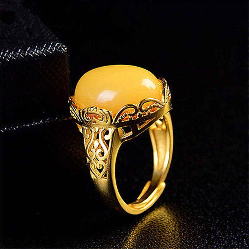 钻石之乡河南柘城河南人工钻石复古民族风蜜蜡戒指 天然满蜜鸡油