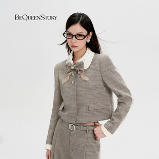 BeQueenStory26早春新款 棕格纹拼接蕾丝蝴蝶结钻扣小香风短外套