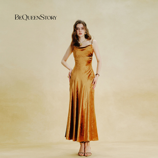 BeQueenStory25早秋鎏金棕丝绒荡领吊带收腰礼服连衣裙 明星同款