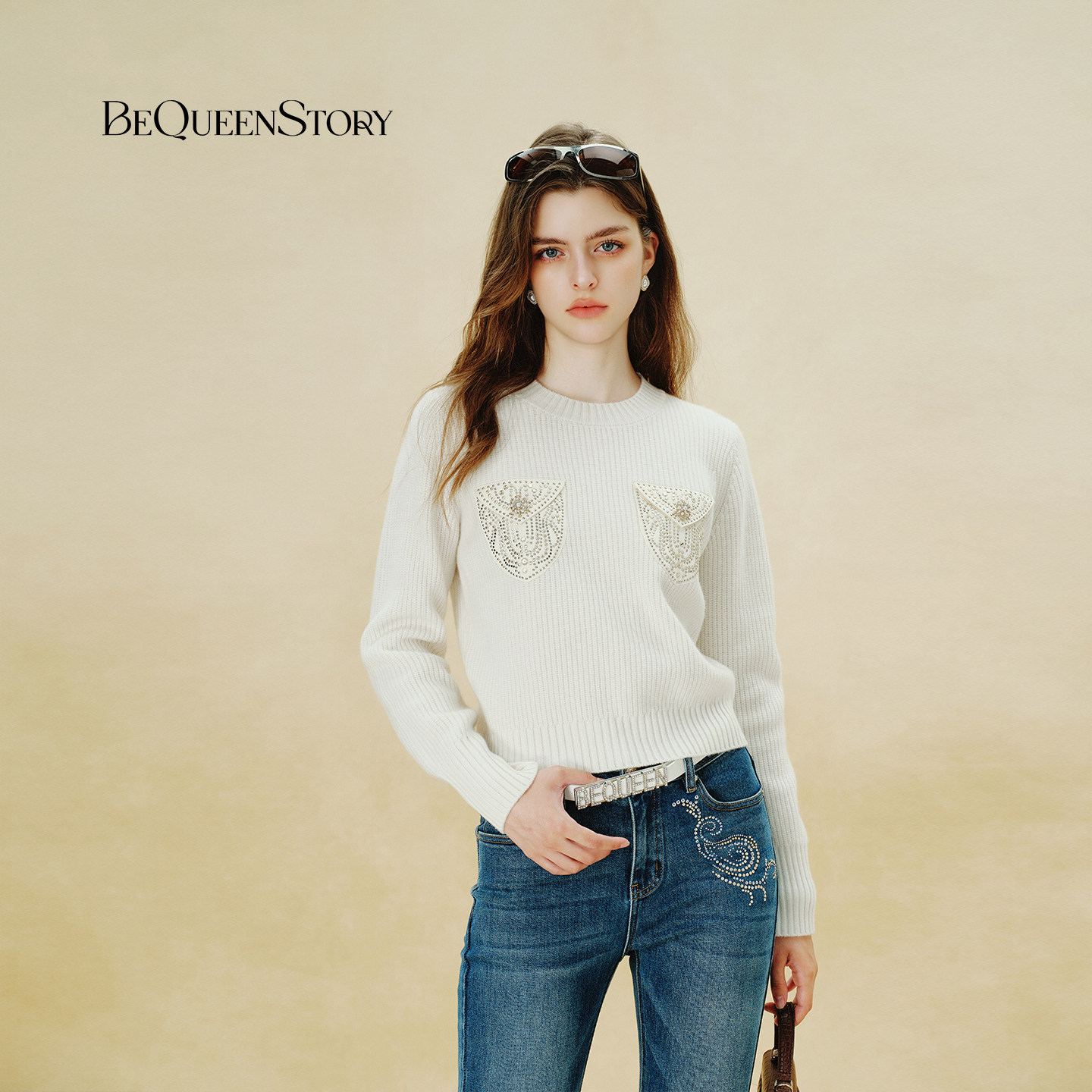 BeQueenStory早秋新款白钉珠老钱风cozy松绒系静奢羊毛衫毛衣