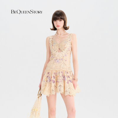 BeQueenStory26春夏新款浪漫度假风蕾丝花边印花修身连衣裙