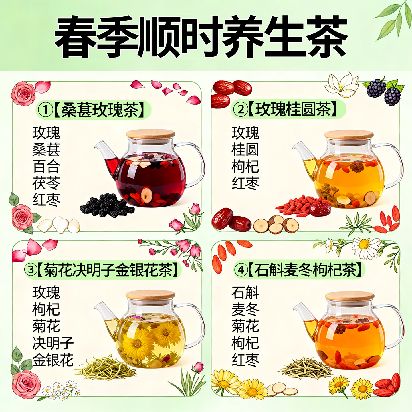 石斛麦冬桑葚玫瑰花茶茯苓百合熬夜菊花决明子枸杞茶春季养生茶包