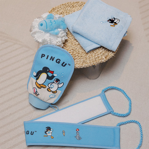 KKV官方Pingu系列沐浴套盒双面砂搓澡巾搓背巾起泡沐浴花四件套