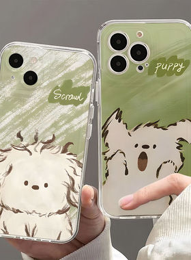绿色小狗适用oppoa93手机壳Reno9/3/8/4/6/5pro透明硅胶7se全包a52/57防摔r17创意k9可爱10pro新款a11x卡通