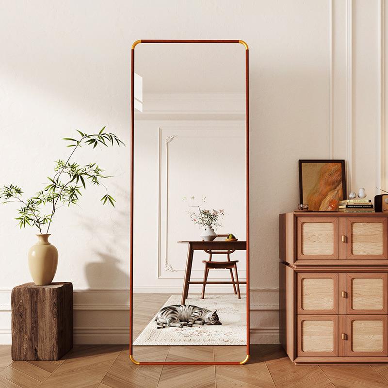实木中古风穿衣镜子钢化玻璃全身落地镜家用卧室挂墙试衣镜壁挂式