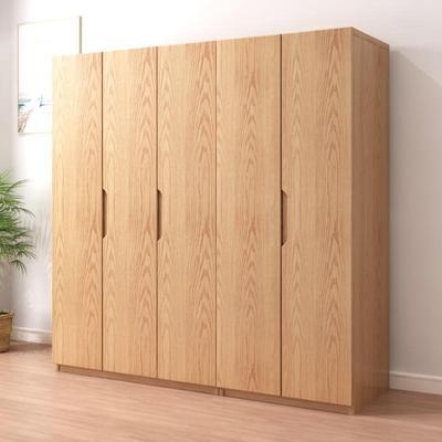 fLE橡木实木衣柜卧室家用北欧原木风平开门儿童储物柜子小户型衣