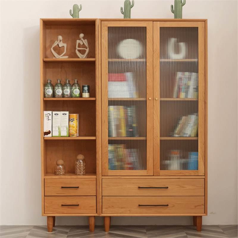 北欧实木书柜樱桃木书橱带玻璃门原木橡木现代家用组合书架落地