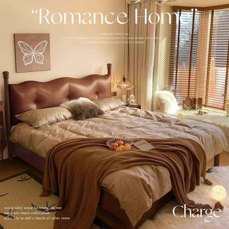 法式中古风实木床软靠床1.8m小户型油蜡皮艺1.5m复古双人大床婚床