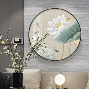 荷花图新中式圆形挂画玄幻装饰画客厅茶室壁画轻奢晶瓷水墨中国风