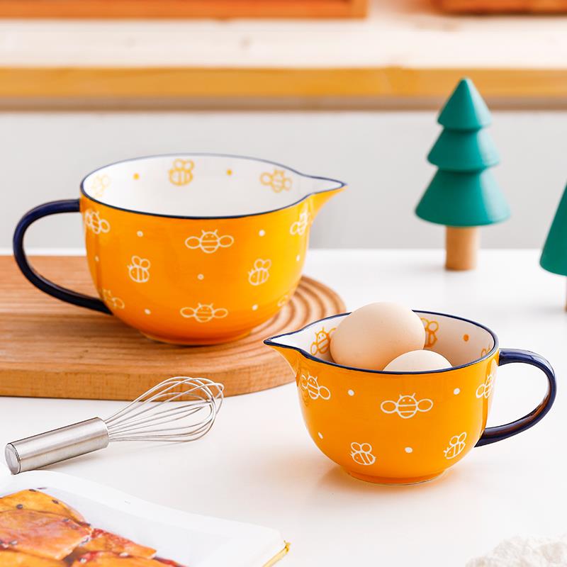 ezicok搅拌碗陶瓷打蛋碗尖嘴引流杯烘焙面糊碗家用釉下彩带手柄碗