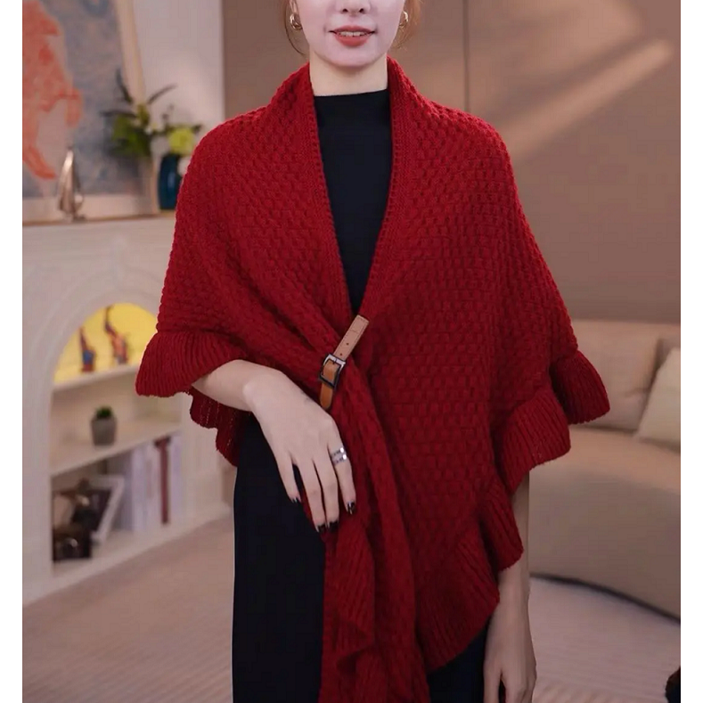 针织斗篷时尚洋气披风女士三角披肩新款秋冬围巾围脖保暖皮扣外搭